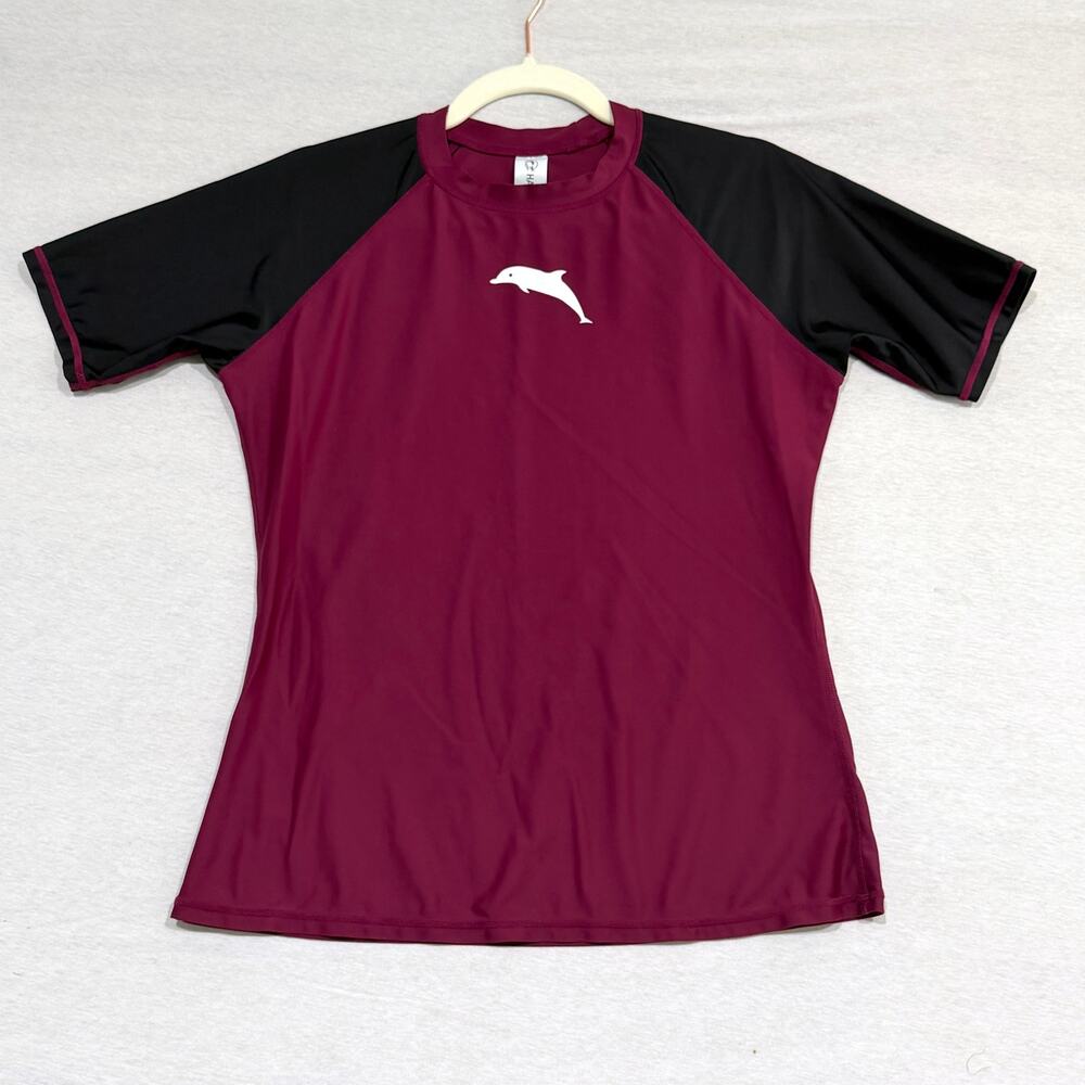 Halcurt Dolphin Rash Guard Swim Shirt UPF Short Sleeve Burgundy Black M
